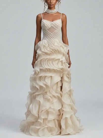 Beaded Corset Organza Ruffle Gown with Lace-Up Back - Dresses