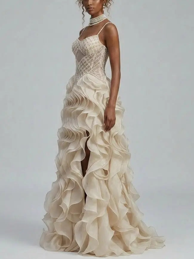 Beaded Corset Organza Ruffle Gown with Lace-Up Back - Dresses