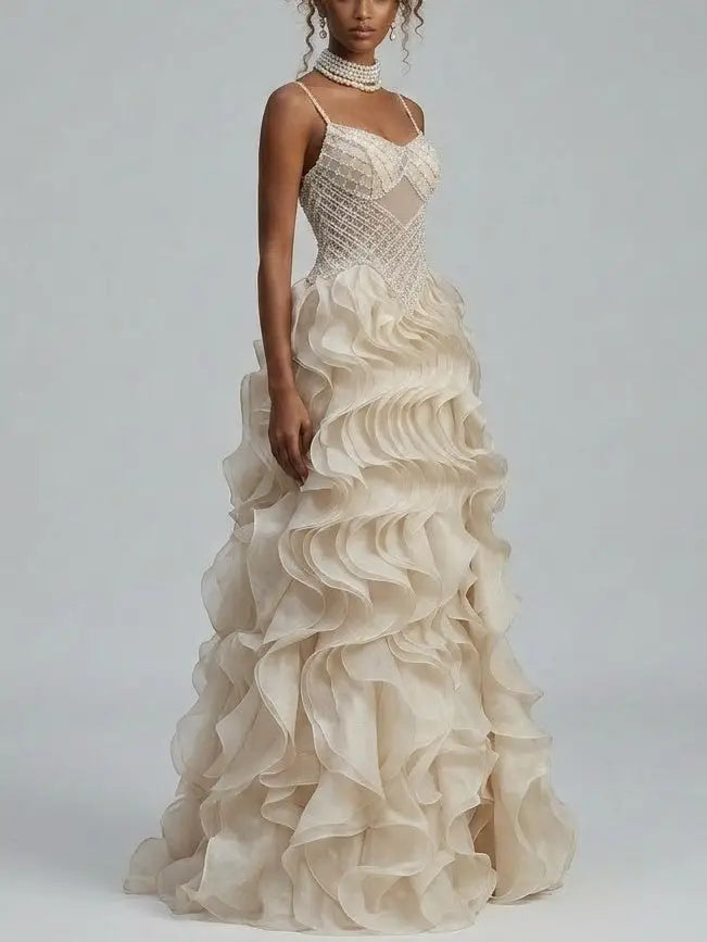 Beaded Corset Organza Ruffle Gown with Lace-Up Back - Dresses