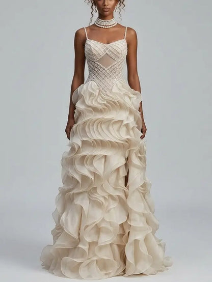 Beaded Corset Organza Ruffle Gown with Lace-Up Back - Dresses