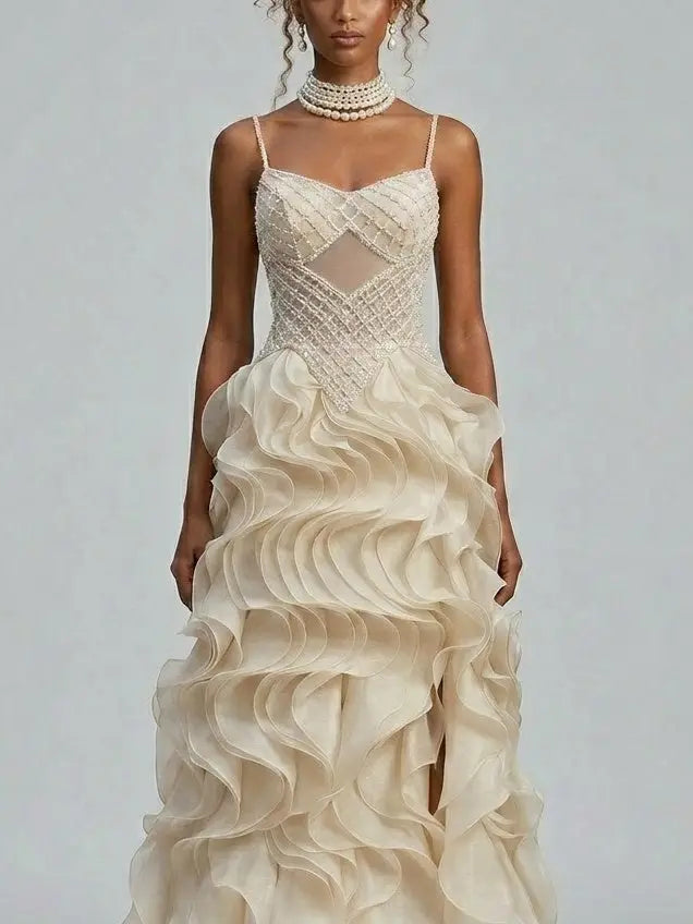 Beaded Corset Organza Ruffle Gown with Lace-Up Back - Dresses