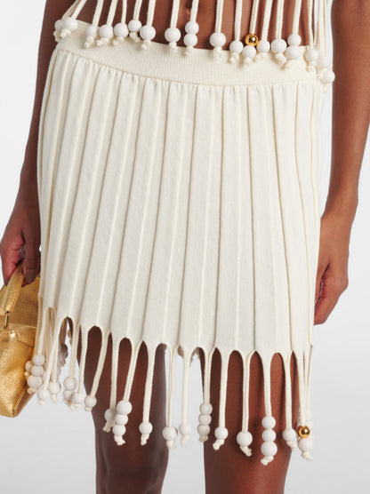 Beaded Knit Tassel Top and Skirt Set - Suits & Sets