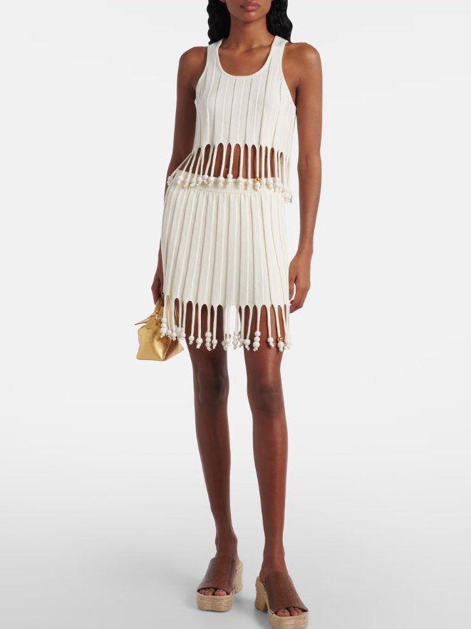 Beaded Knit Tassel Top and Skirt Set - Suits & Sets