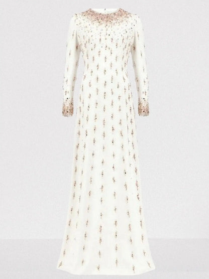 Beaded Long-Sleeve Embellished Maxi Gown - Dresses