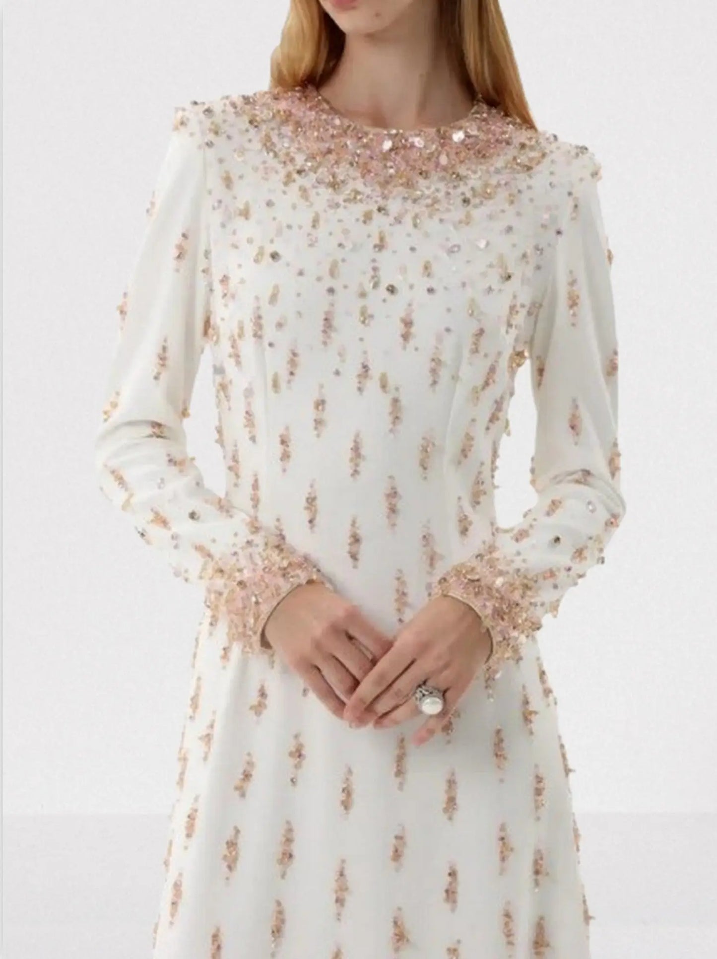 Beaded Long-Sleeve Embellished Maxi Gown - Dresses