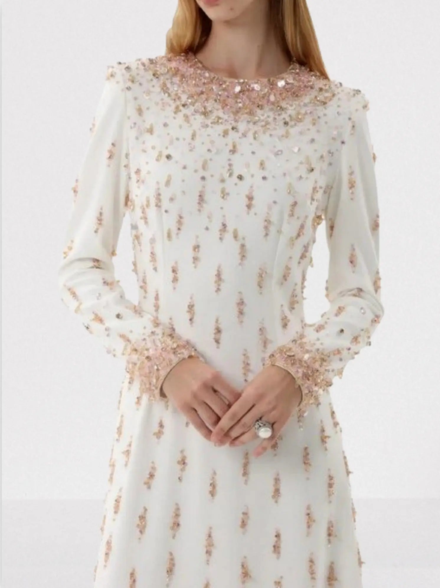 Beaded Long-Sleeve Embellished Maxi Gown - Dresses