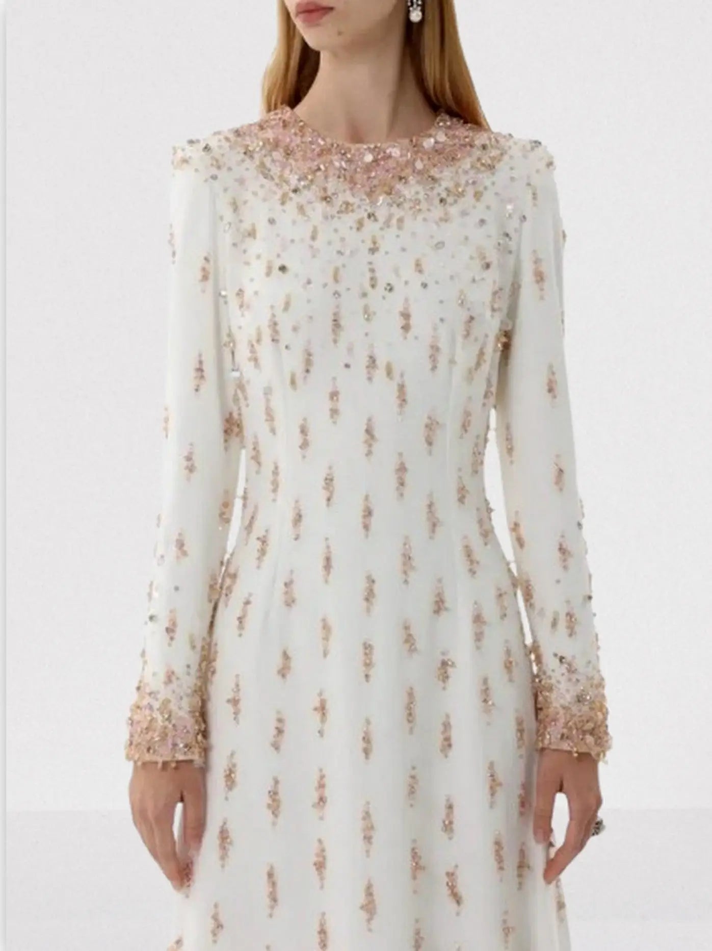 Beaded Long-Sleeve Embellished Maxi Gown - Dresses