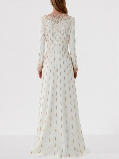 Beaded Long-Sleeve Embellished Maxi Gown - Dresses
