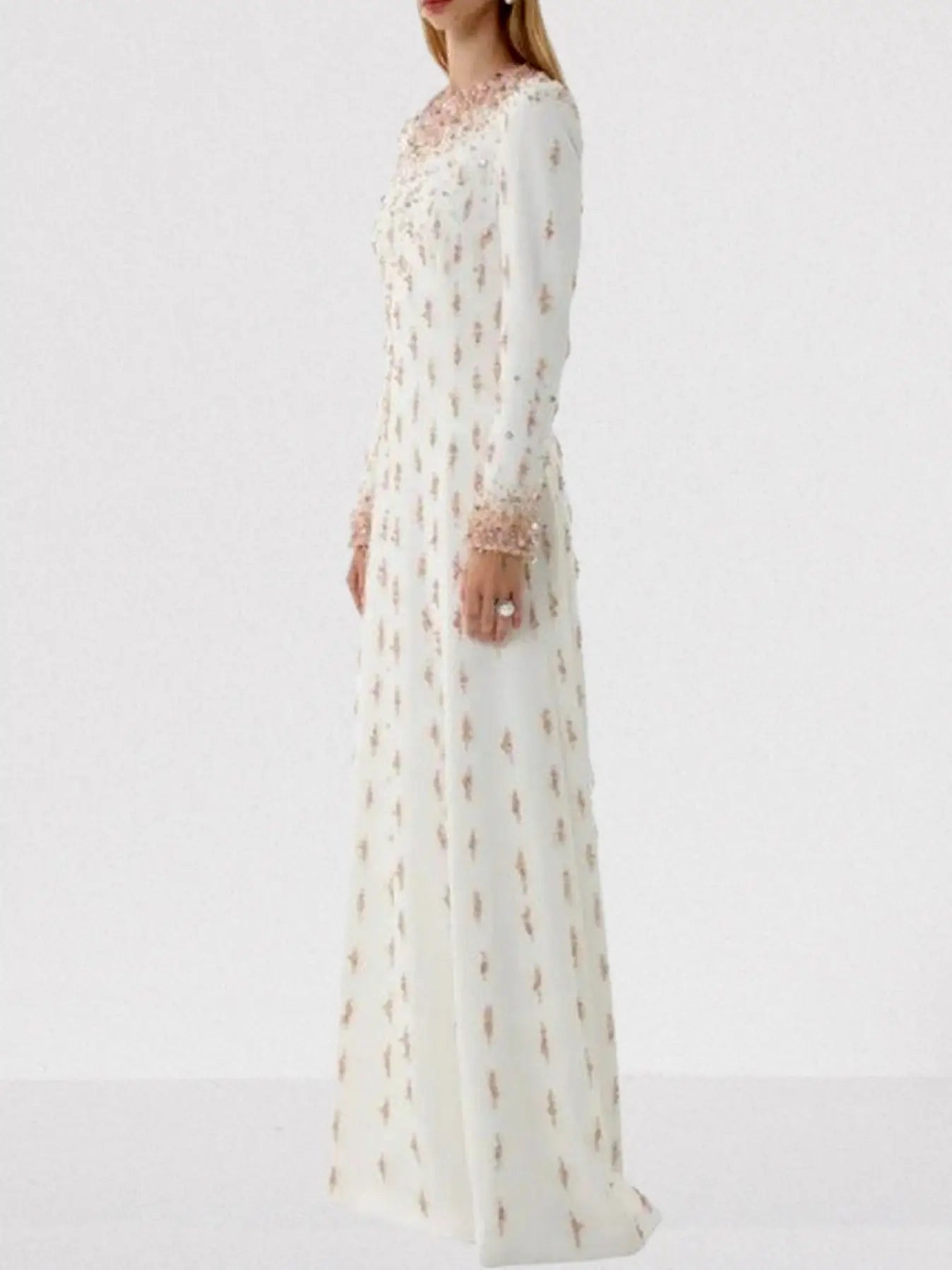 Beaded Long-Sleeve Embellished Maxi Gown - Dresses