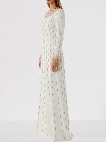 Beaded Long-Sleeve Embellished Maxi Gown - Dresses