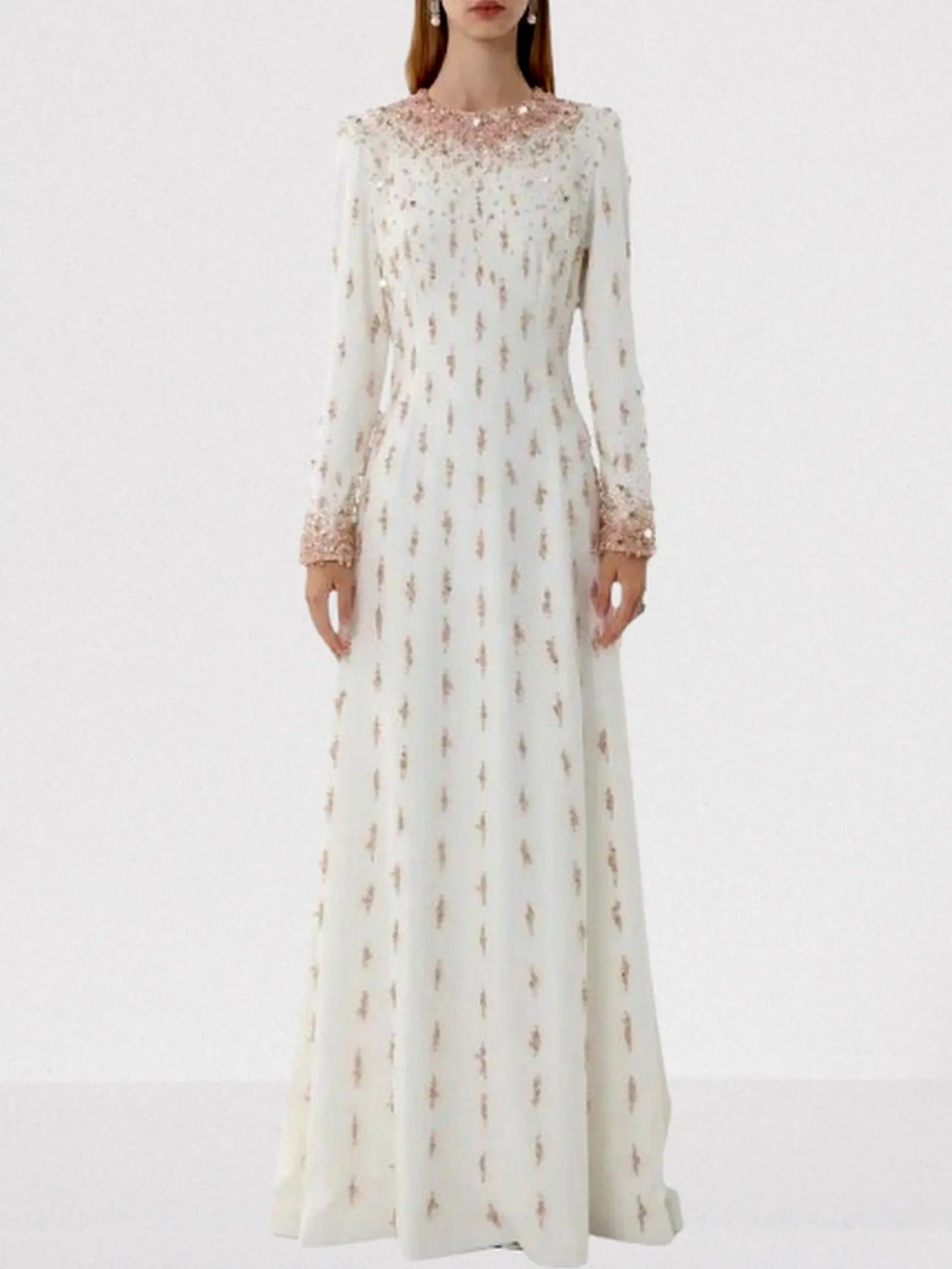 Beaded Long-Sleeve Embellished Maxi Gown - S / White - Dresses