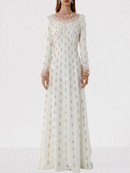 Beaded Long-Sleeve Embellished Maxi Gown - S / White - Dresses