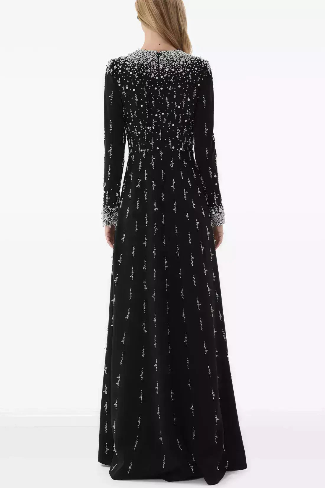 Beaded Long-Sleeve Embellished Maxi Gown - Dresses