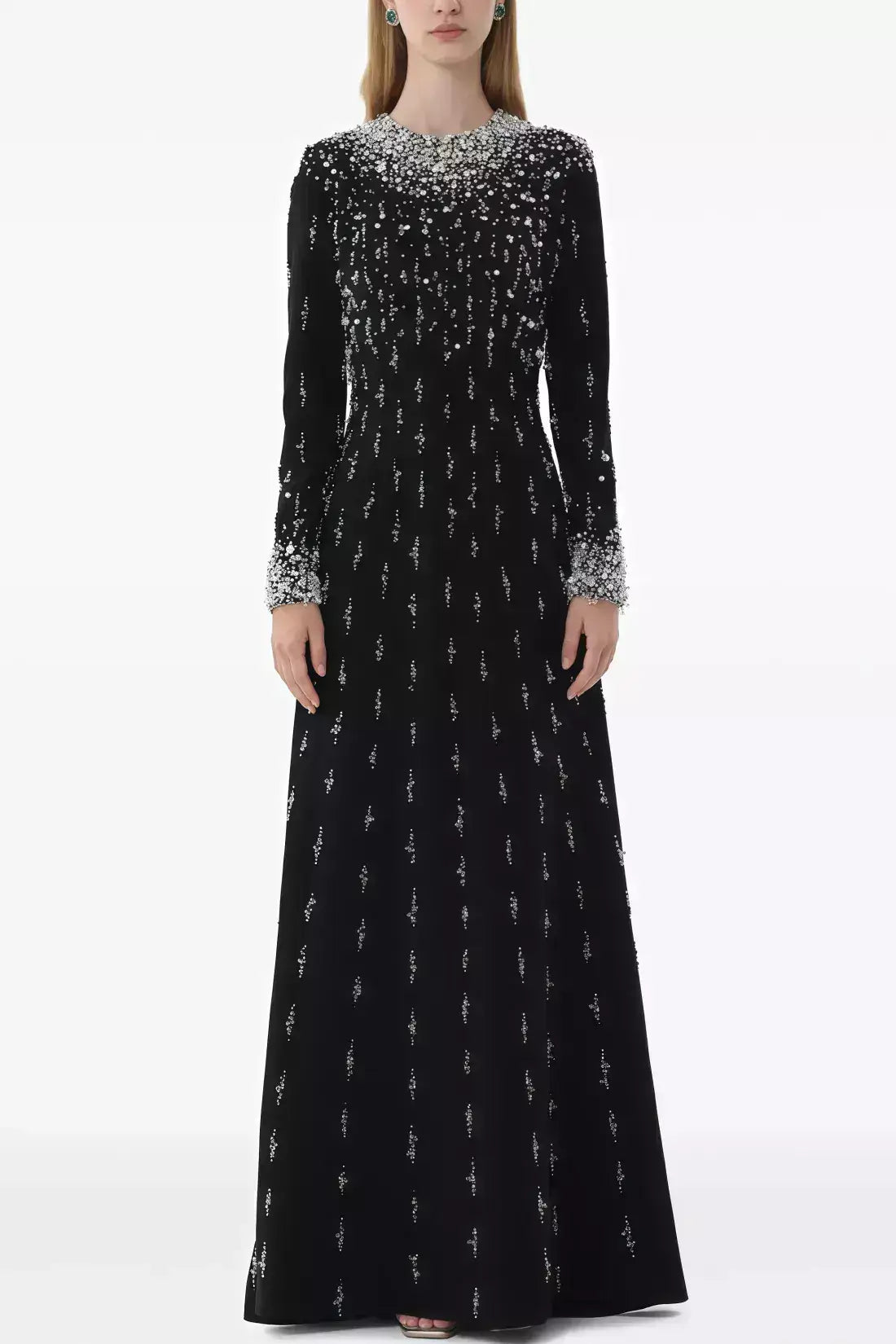 Beaded Long-Sleeve Embellished Maxi Gown - Dresses