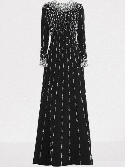 Beaded Long-Sleeve Embellished Maxi Gown - Dresses