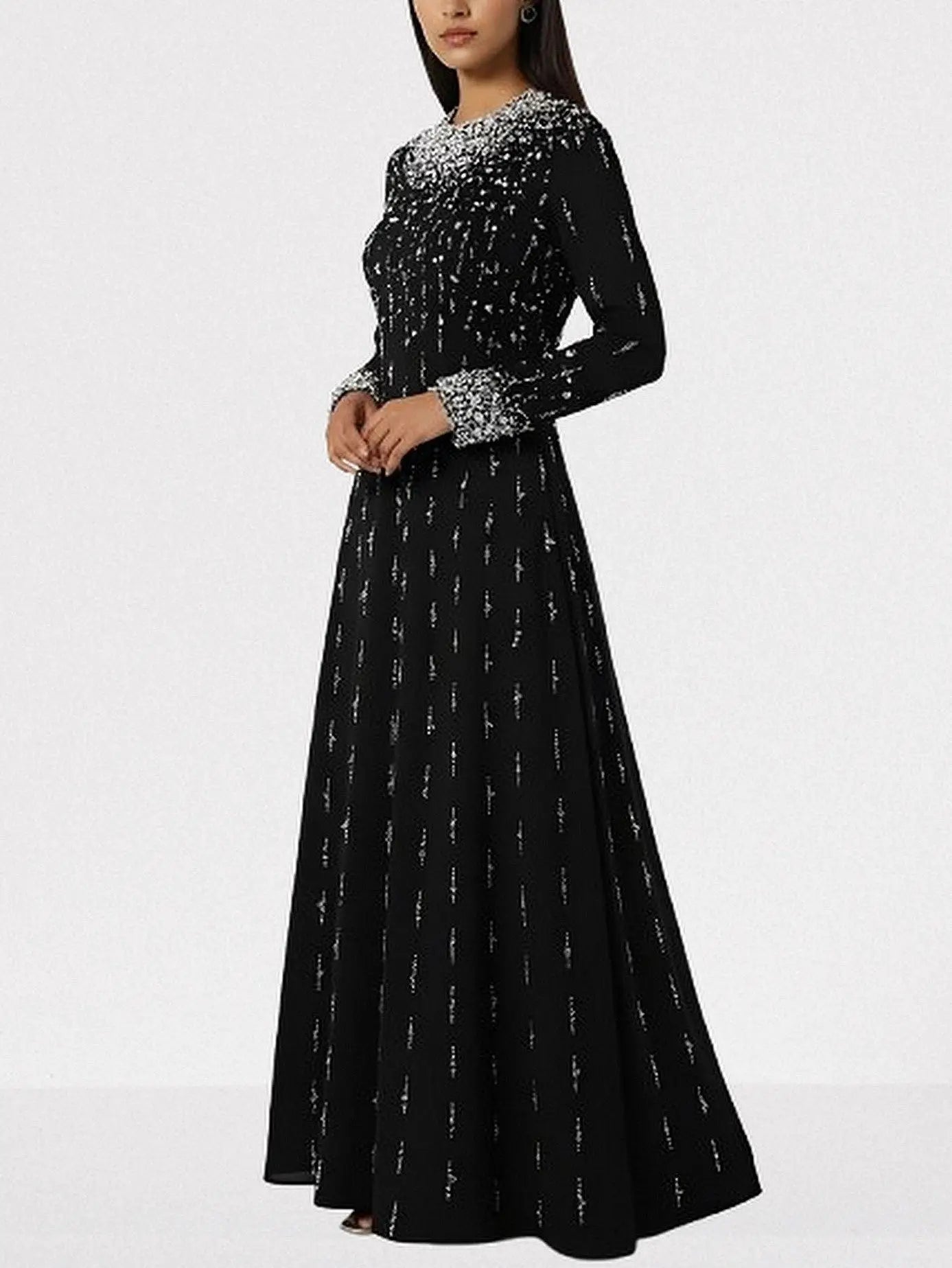 Beaded Long-Sleeve Embellished Maxi Gown - Dresses