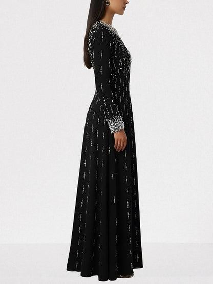 Beaded Long-Sleeve Embellished Maxi Gown - Dresses