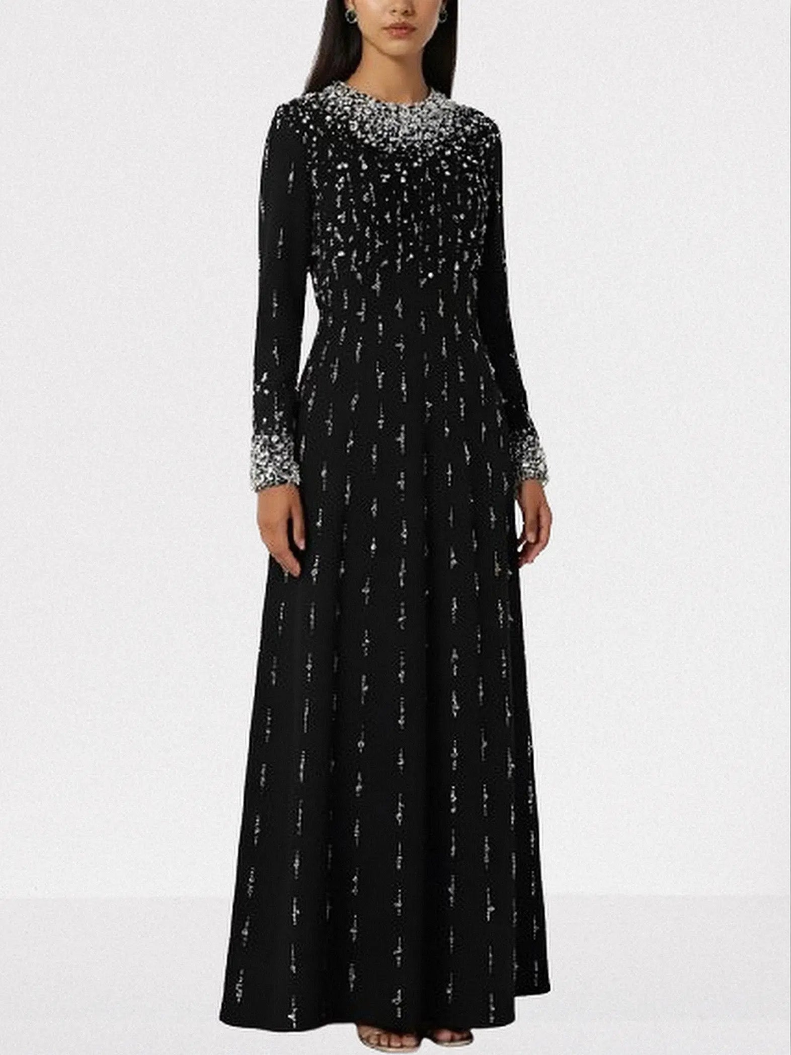 Beaded Long-Sleeve Embellished Maxi Gown - Dresses