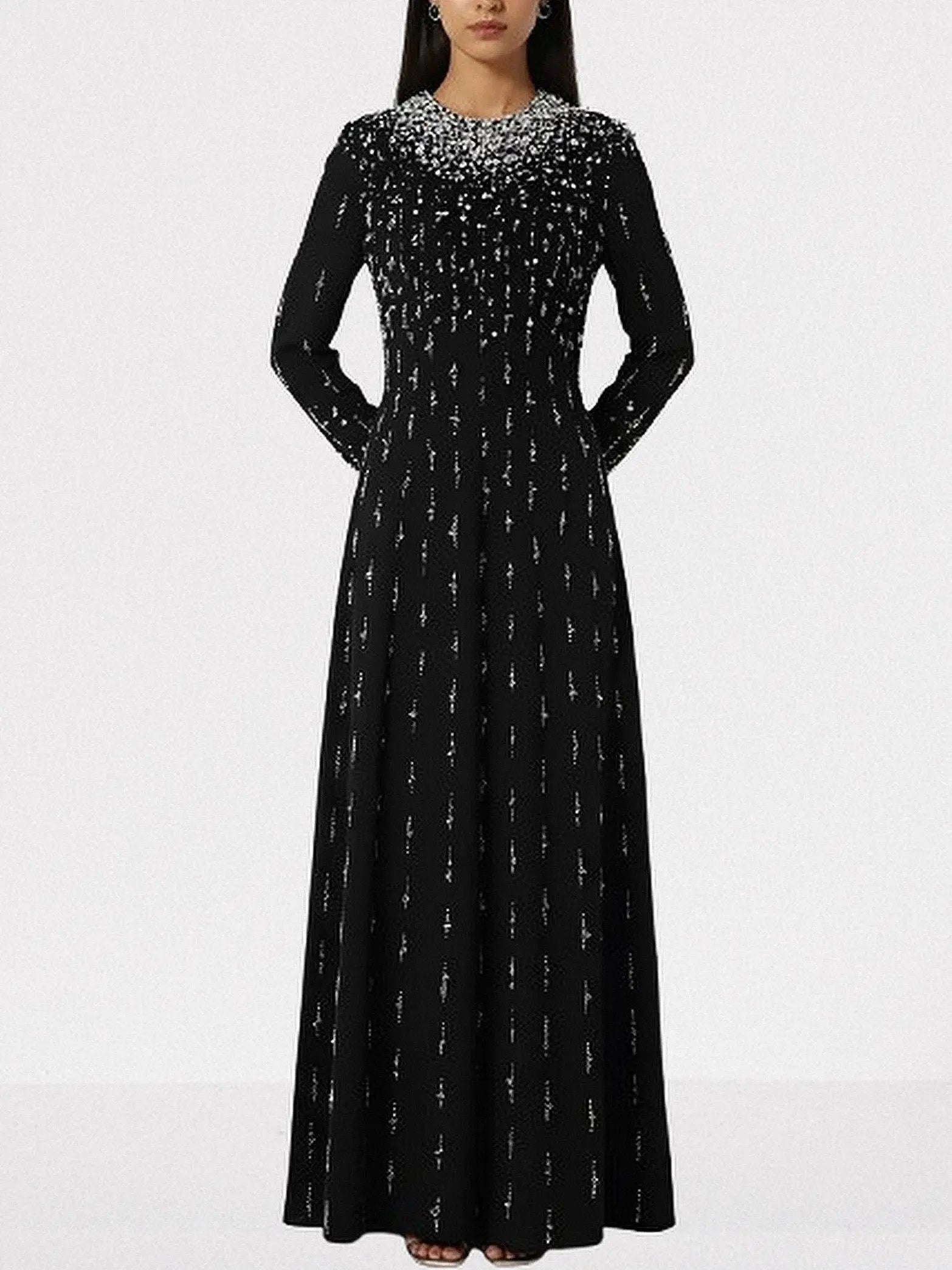 Beaded Long-Sleeve Embellished Maxi Gown - Dresses