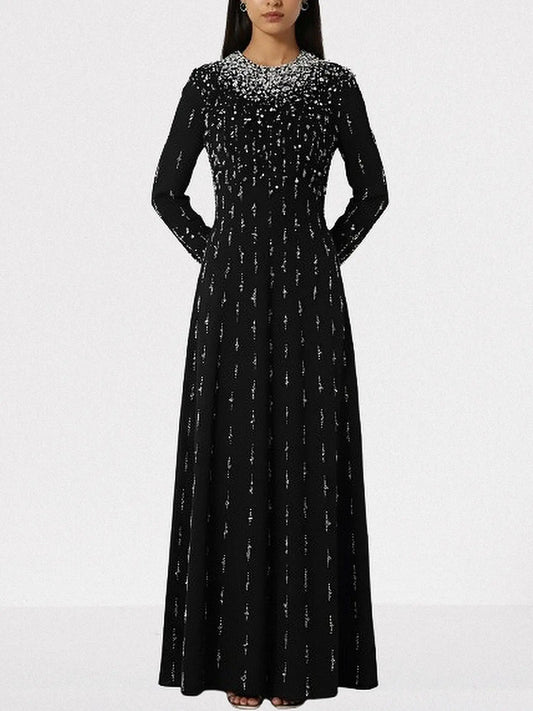 Beaded Long-Sleeve Embellished Maxi Gown - Dresses