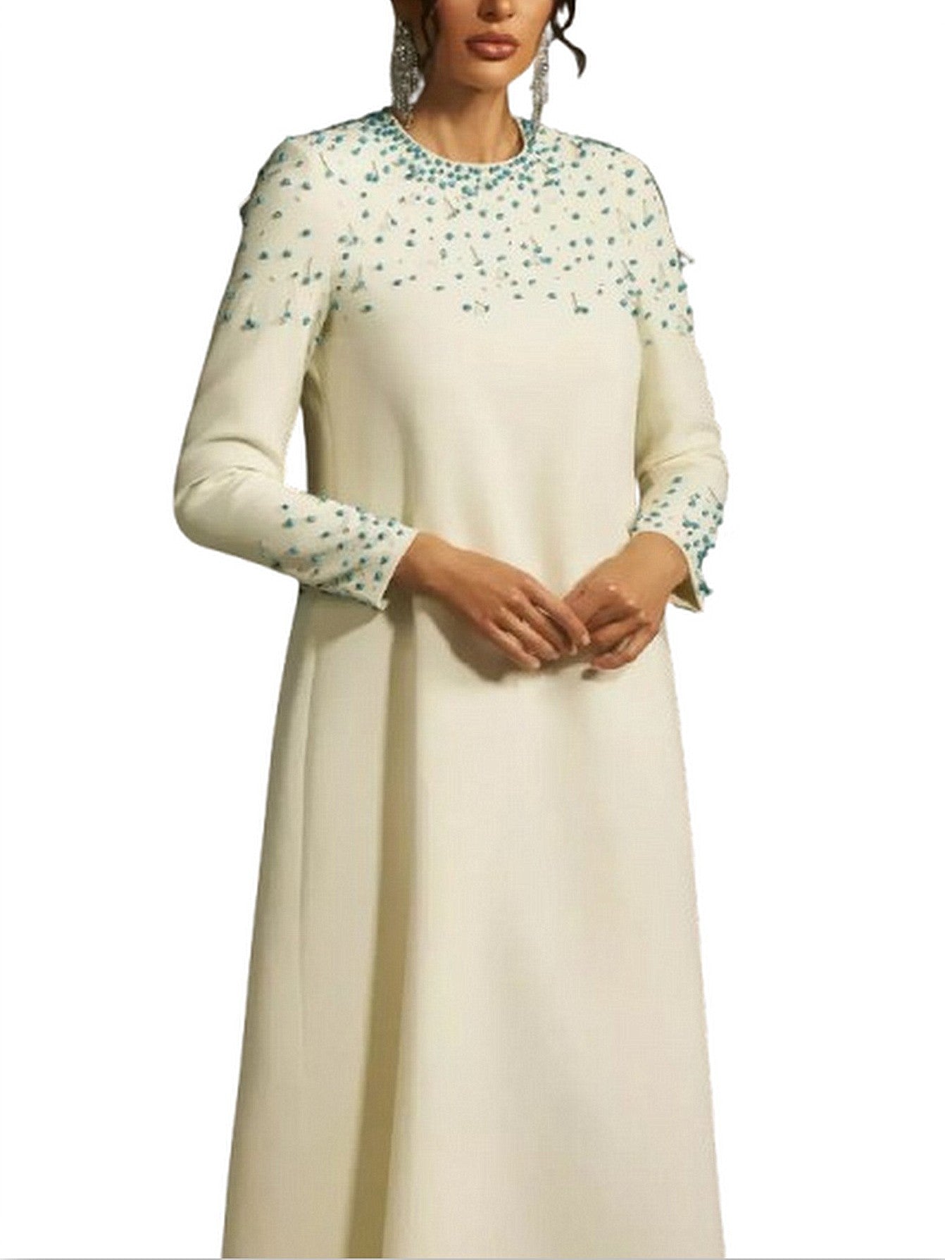 Beaded Long Loose Ivory Gown - Dresses