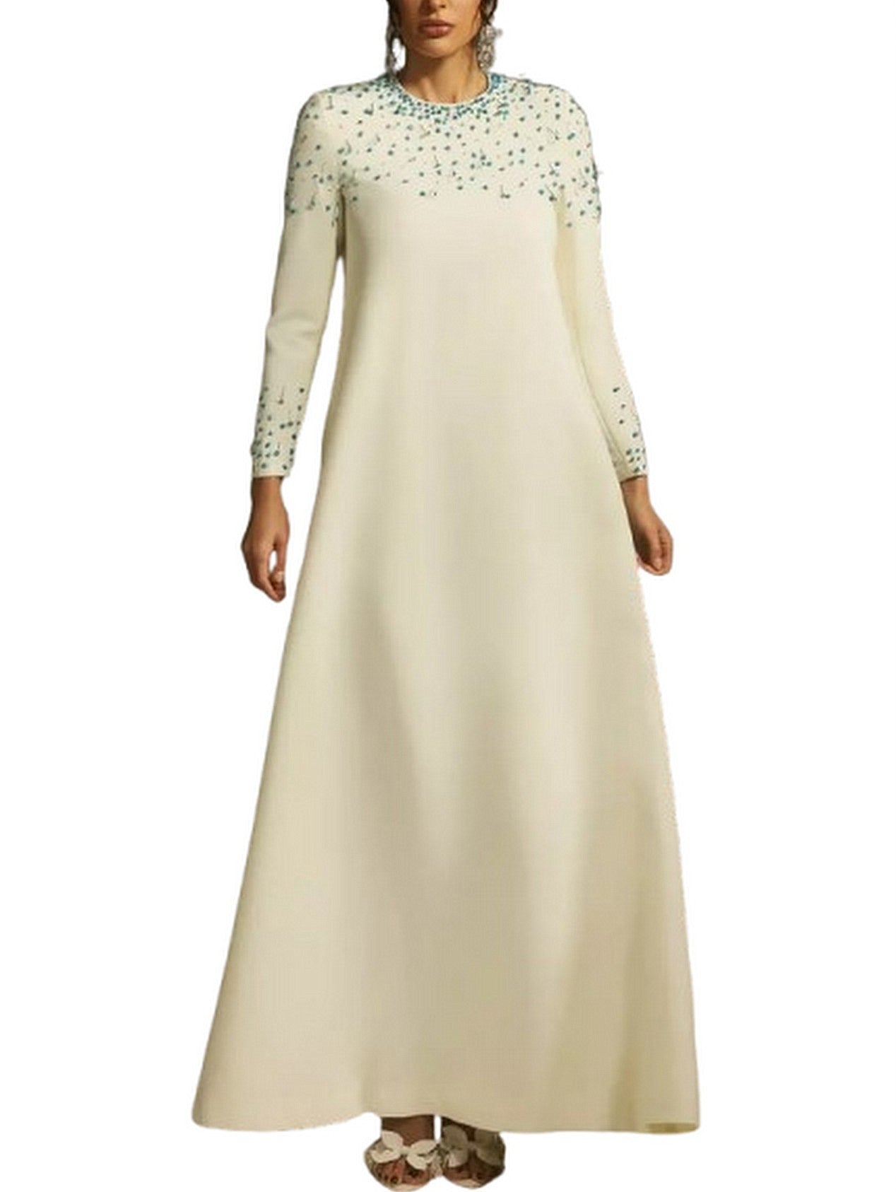 Beaded Long Loose Ivory Gown - Dresses