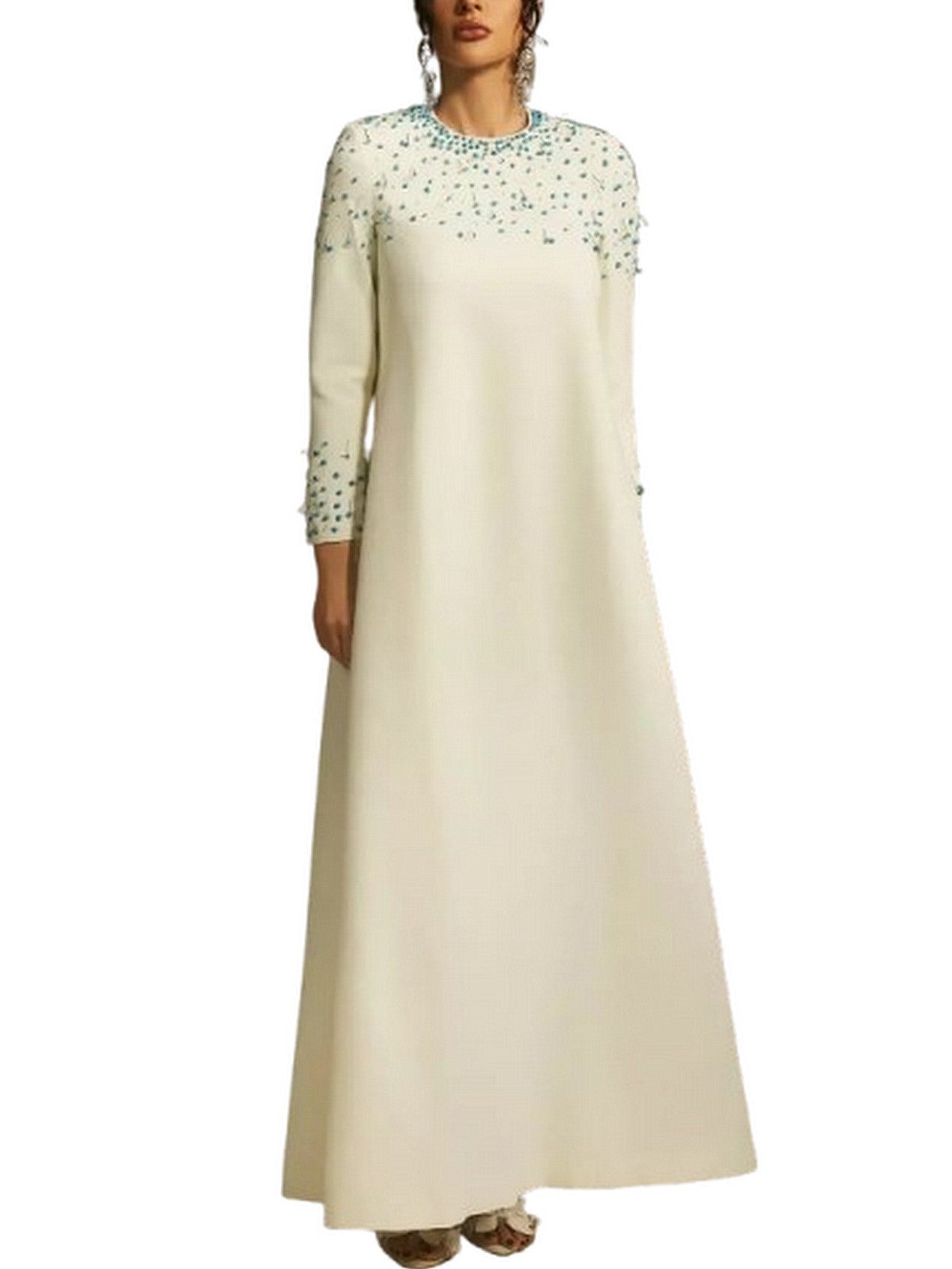 Beaded Long Loose Ivory Gown - Dresses