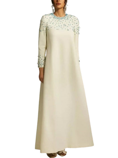 Beaded Long Loose Ivory Gown - Dresses