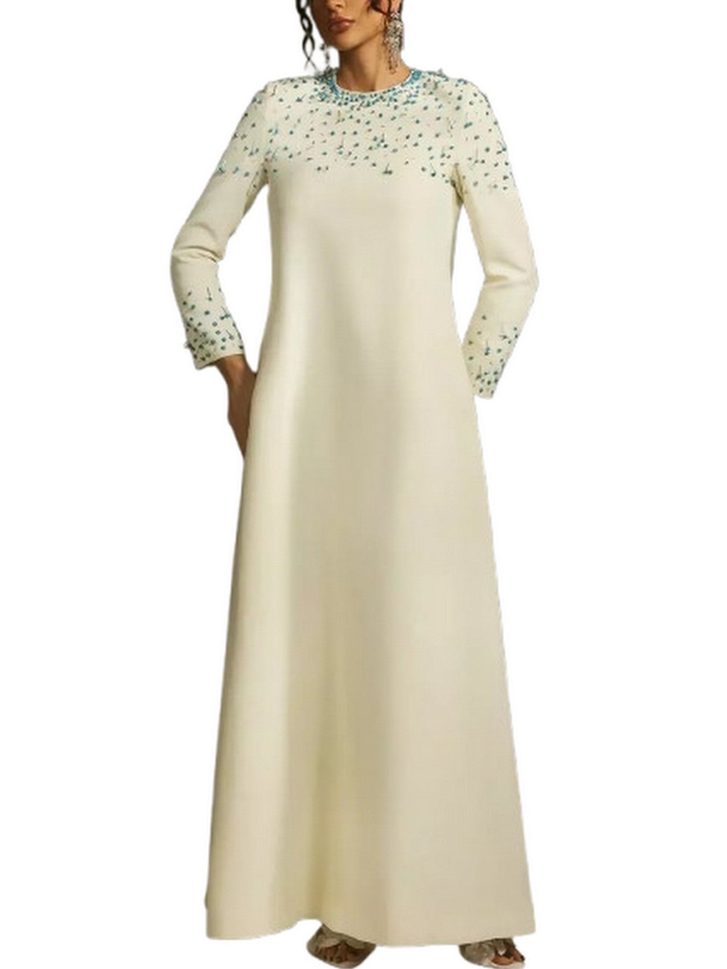 Beaded Long Loose Ivory Gown - Dresses