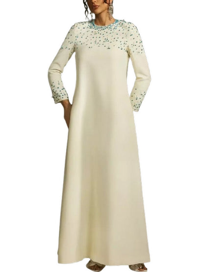 Beaded Long Loose Ivory Gown - Dresses