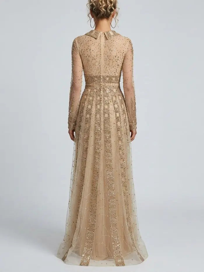 Beaded Sequin Panel Long Gown with V-Neck Lapel Collar - Dresses