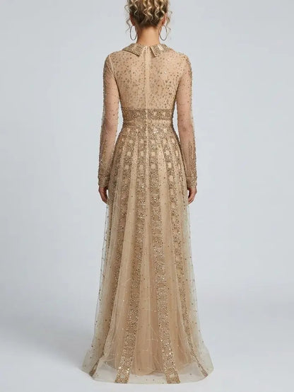 Beaded Sequin Panel Long Gown with V-Neck Lapel Collar - Dresses