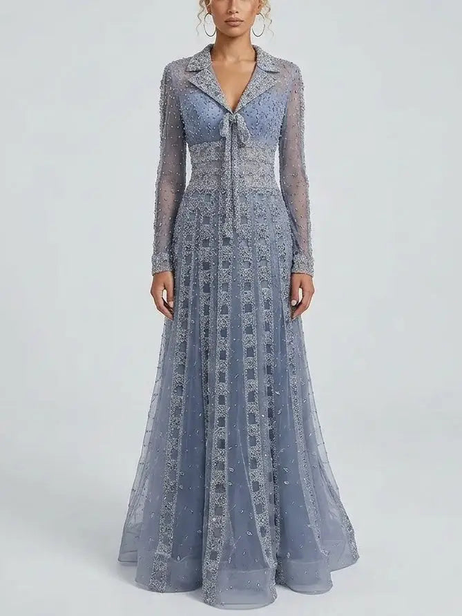 Beaded Sequin Panel Long Gown with V-Neck Lapel Collar - S / Blue - Dresses