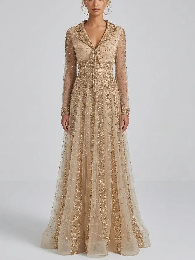 Beaded Sequin Panel Long Gown with V-Neck Lapel Collar - Dresses