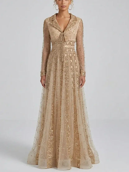 Beaded Sequin Panel Long Gown with V-Neck Lapel Collar - Dresses