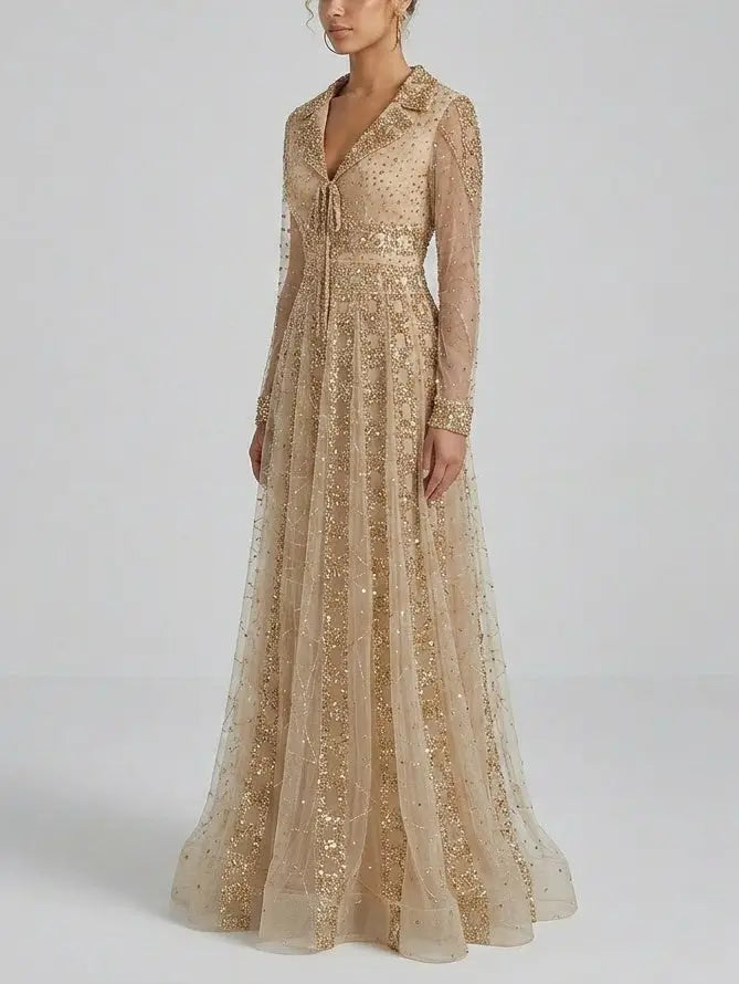 Beaded Sequin Panel Long Gown with V-Neck Lapel Collar - Dresses