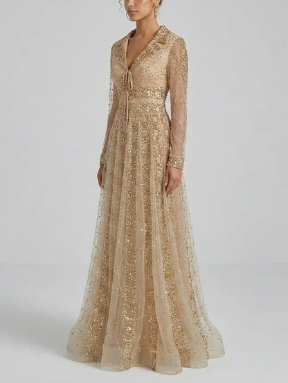 Beaded Sequin Panel Long Gown with V-Neck Lapel Collar - Dresses