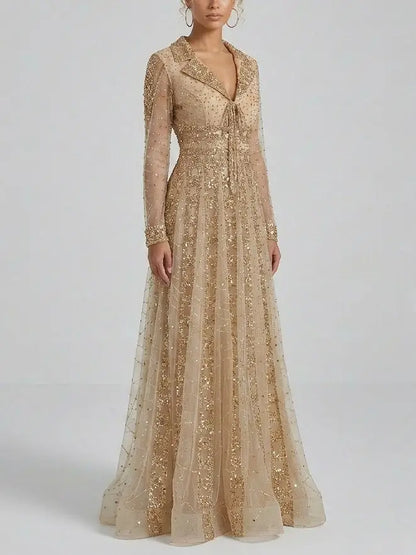 Beaded Sequin Panel Long Gown with V-Neck Lapel Collar - Dresses