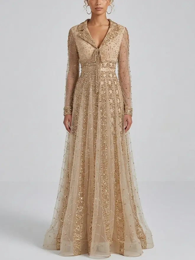 Beaded Sequin Panel Long Gown with V-Neck Lapel Collar - Dresses