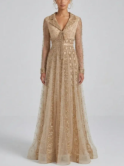 Beaded Sequin Panel Long Gown with V-Neck Lapel Collar - Dresses