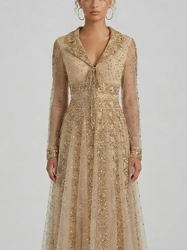 Beaded Sequin Panel Long Gown with V-Neck Lapel Collar - Dresses