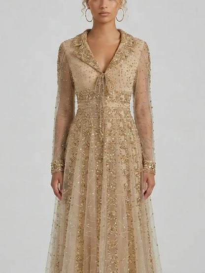 Beaded Sequin Panel Long Gown with V-Neck Lapel Collar - Dresses