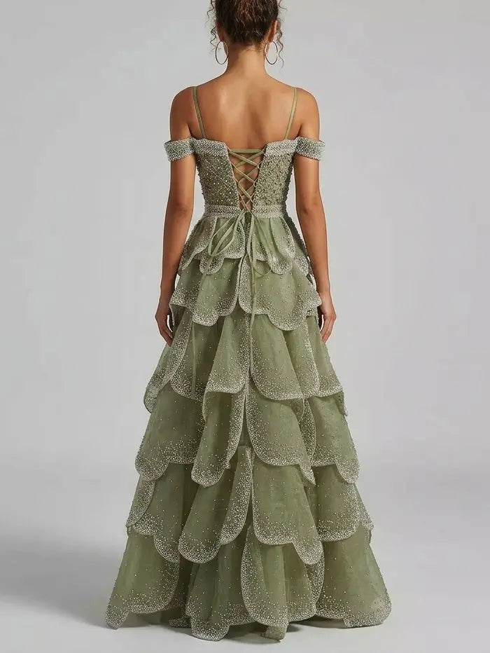 Beaded Tiered Tulle Maxi Dress with Off-Shoulder Detail - Dresses