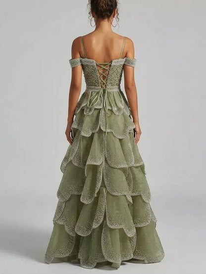 Beaded Tiered Tulle Maxi Dress with Off-Shoulder Detail - Dresses