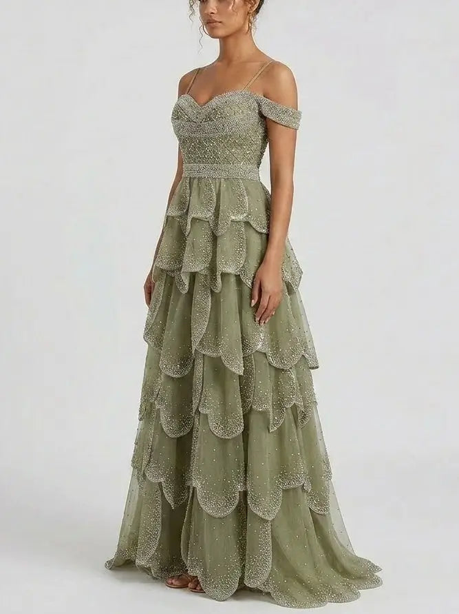 Beaded Tiered Tulle Maxi Dress with Off-Shoulder Detail - Dresses