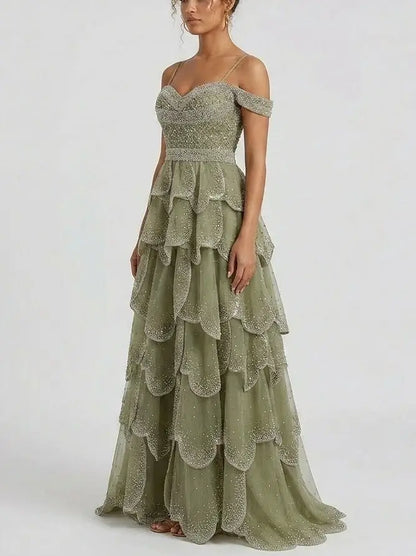 Beaded Tiered Tulle Maxi Dress with Off-Shoulder Detail - Dresses