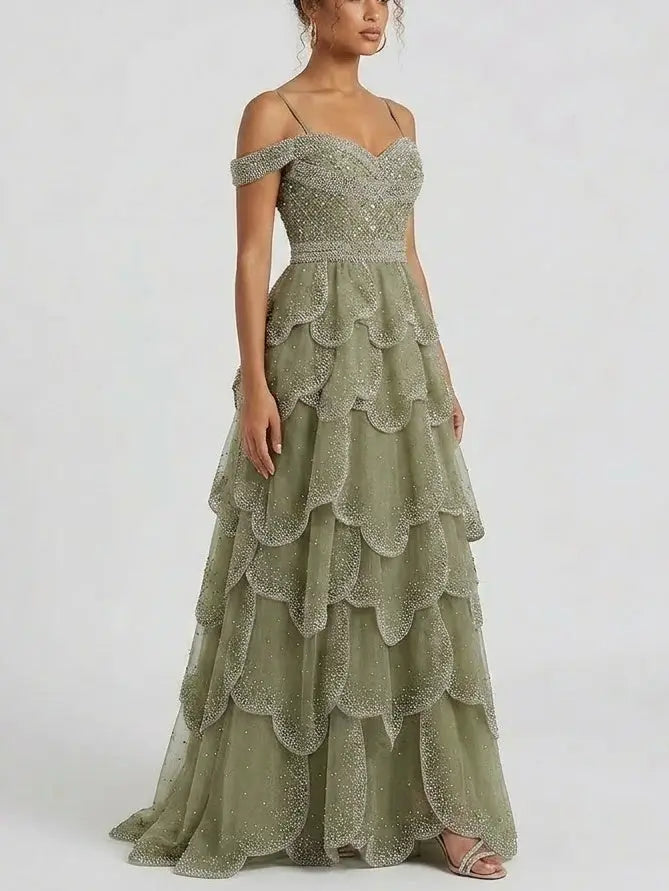 Beaded Tiered Tulle Maxi Dress with Off-Shoulder Detail - Dresses