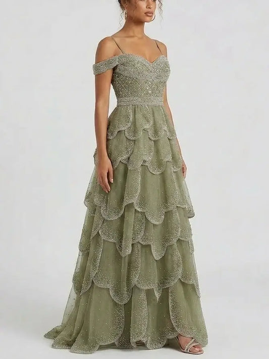 Beaded Tiered Tulle Maxi Dress with Off-Shoulder Detail - Dresses
