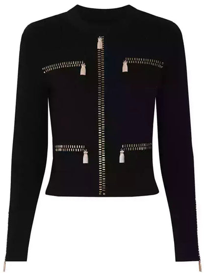 Beaded Zip-Illusion Knit Jacket and Pants Set - Suits & Sets