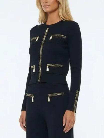 Beaded Zip-Illusion Knit Jacket and Pants Set - Suits & Sets